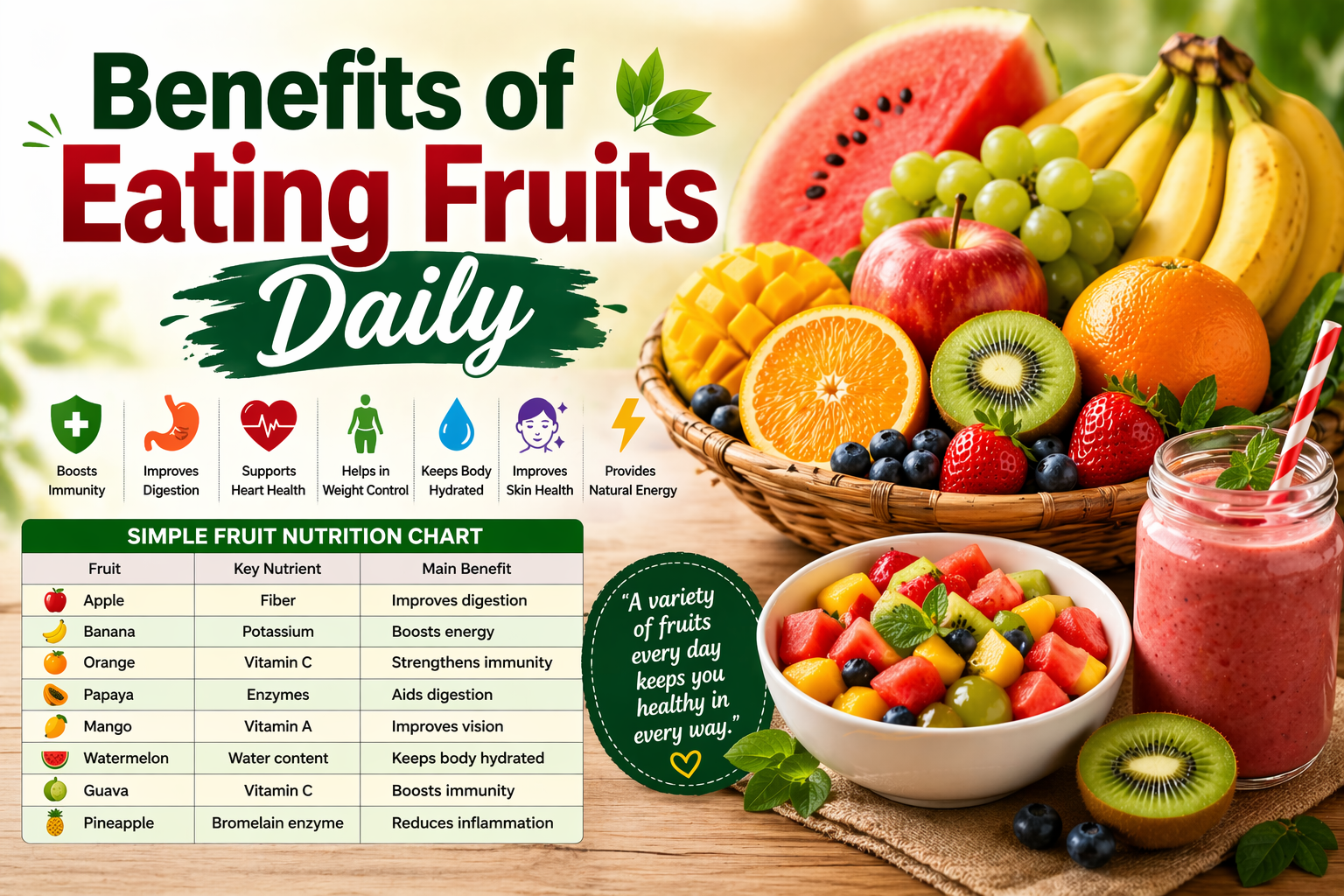 Benefits of eating fruits daily with simple nutrition chart
