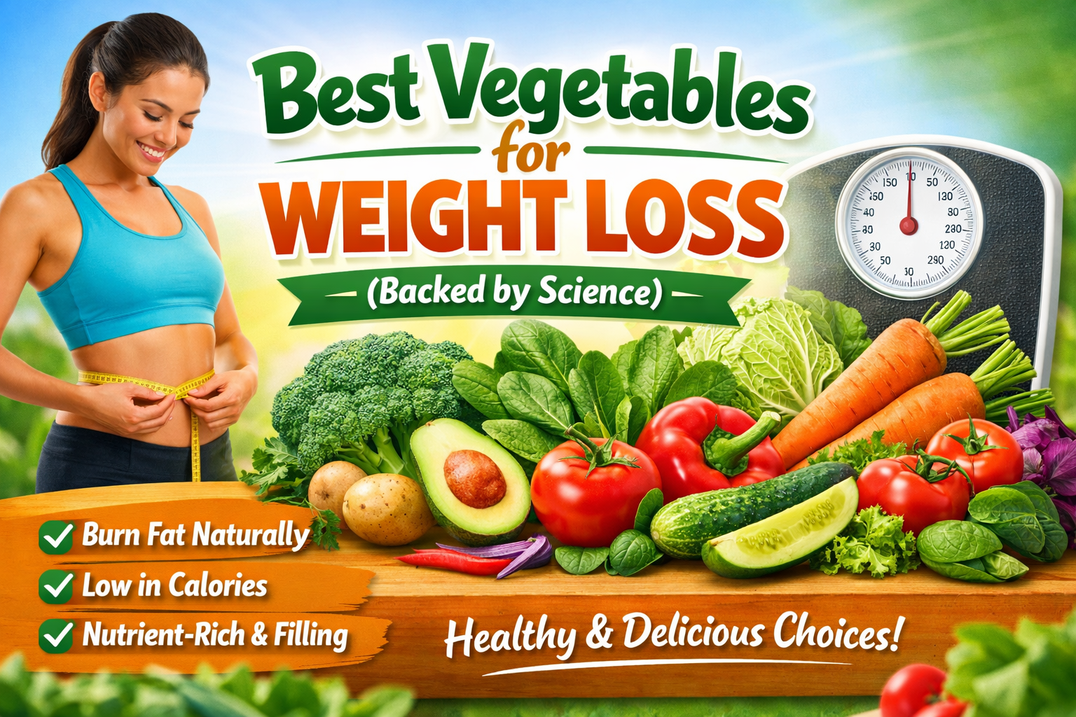Best vegetables for weight loss including broccoli spinach cucumber cabbage carrots and tomatoes displayed fresh on table