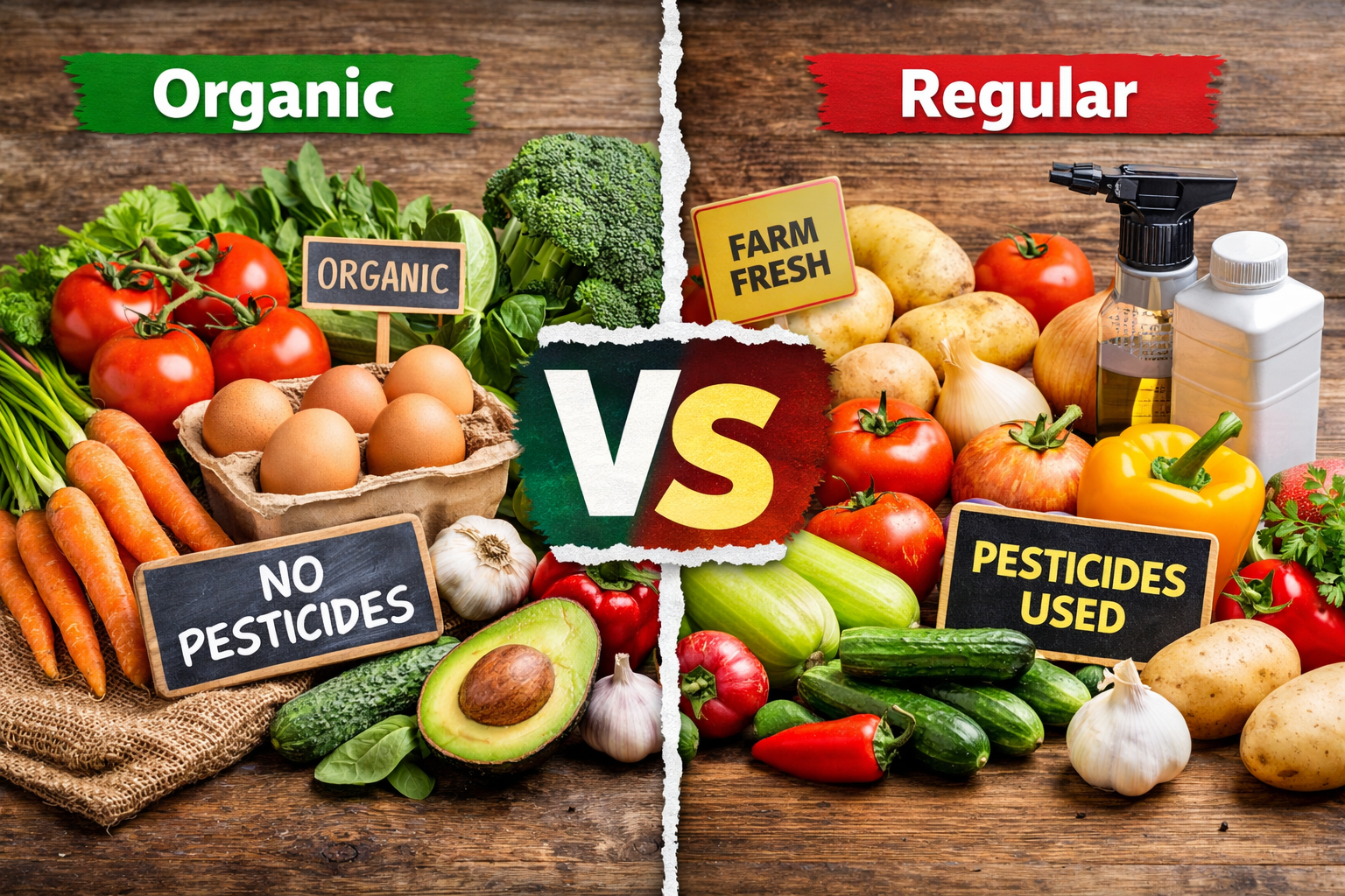 Organic vs regular vegetables comparison showing fresh healthy vegetables for family diet