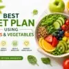 Healthy diet plan with fresh fruits and vegetables including kiwi, strawberries, cucumber, tomatoes, oranges, and leafy greens