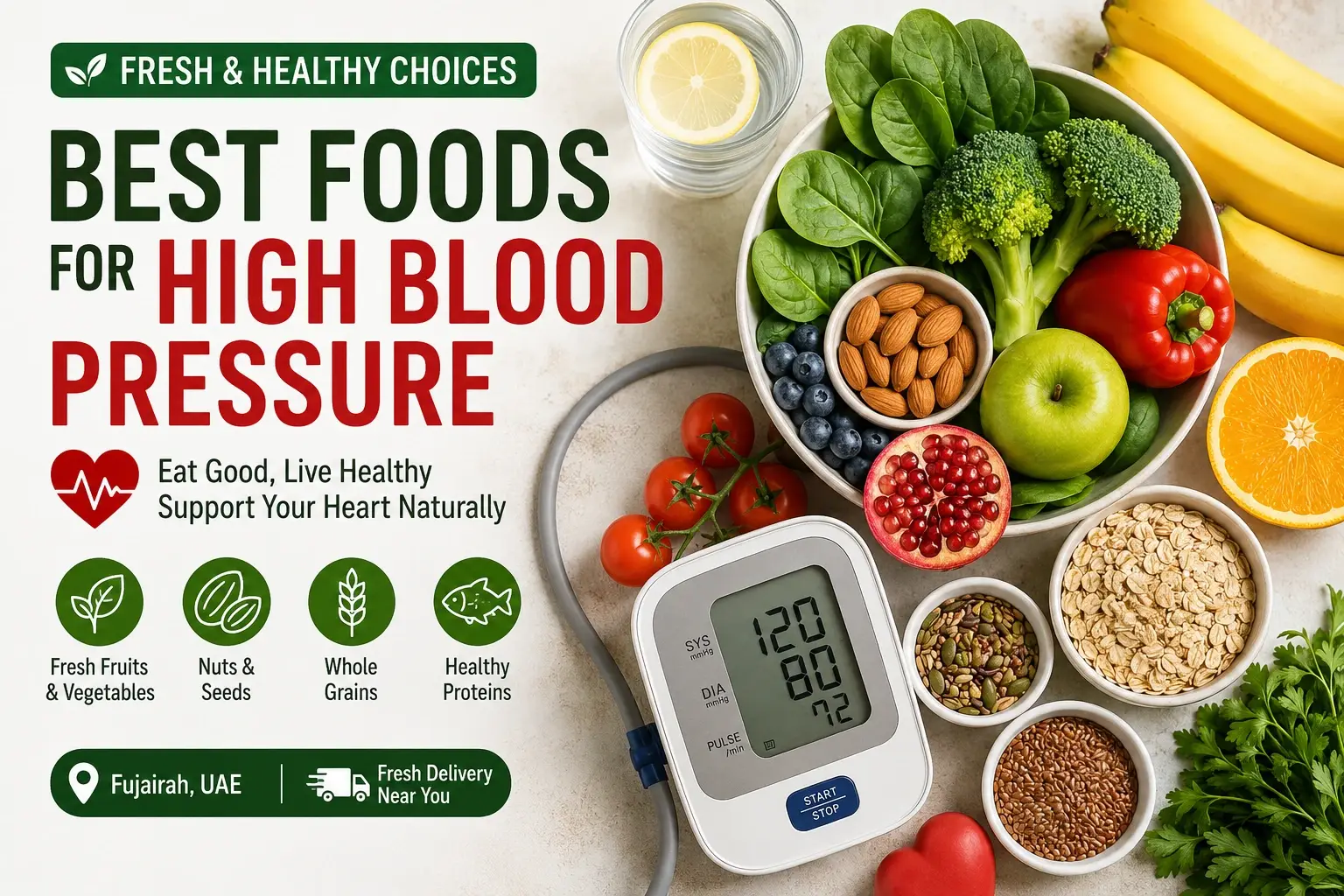 Fresh healthy foods for high blood pressure including fruits vegetables oats nuts and heart healthy ingredients in Fujairah UAE