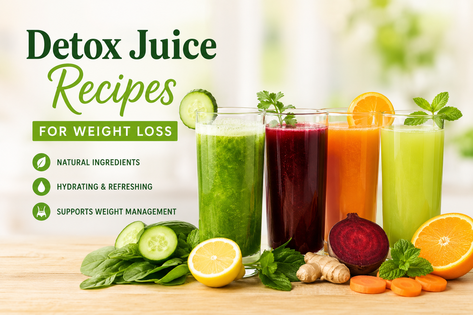 Fresh detox juice recipes with cucumber, beetroot, carrot, lemon, and green vegetables for healthy weight loss