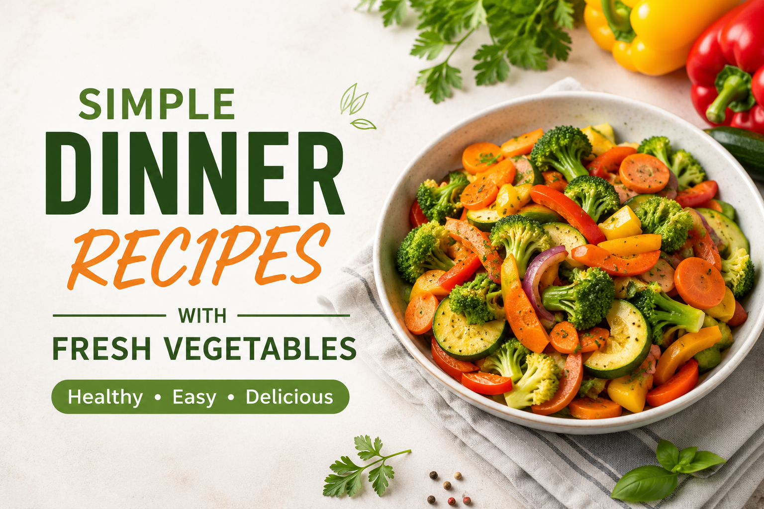 Healthy mixed vegetable dinner bowl with broccoli, carrots, zucchini, and bell peppers for easy homemade dinner recipes