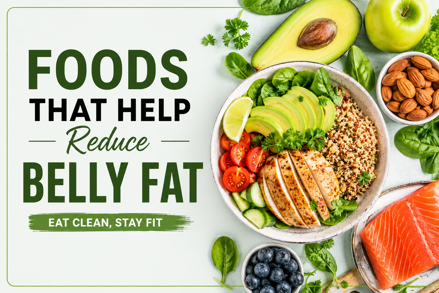 Foods That Help Reduce Belly Fat with healthy fruits, vegetables, salmon, avocado, and protein-rich meals