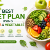 Healthy diet plan with fresh fruits and vegetables including kiwi, strawberries, cucumber, tomatoes, oranges, and leafy greens