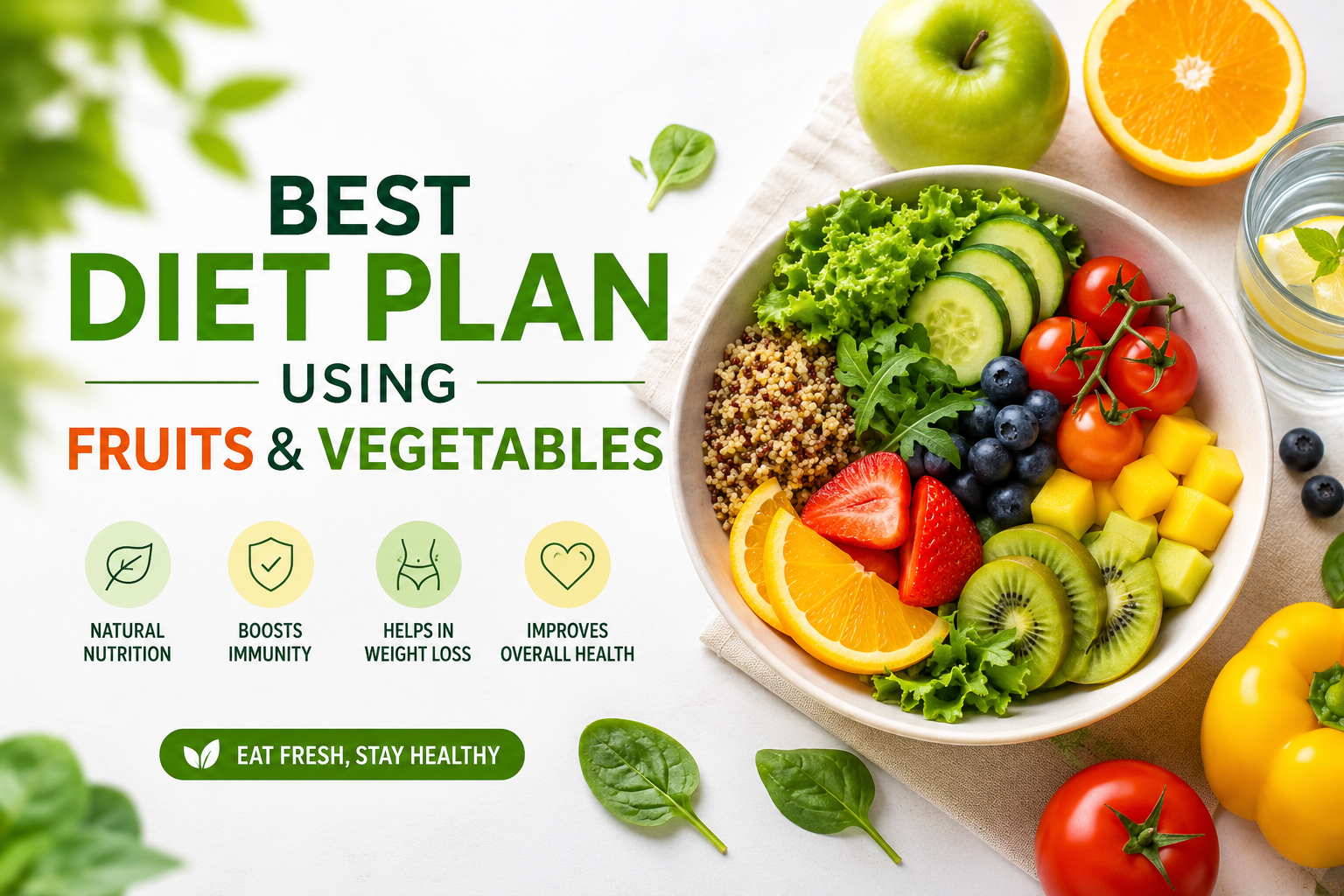 Healthy diet plan with fresh fruits and vegetables including kiwi, strawberries, cucumber, tomatoes, oranges, and leafy greens
