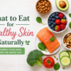 Healthy foods like salmon, avocado, berries, nuts, and spinach for naturally glowing skin