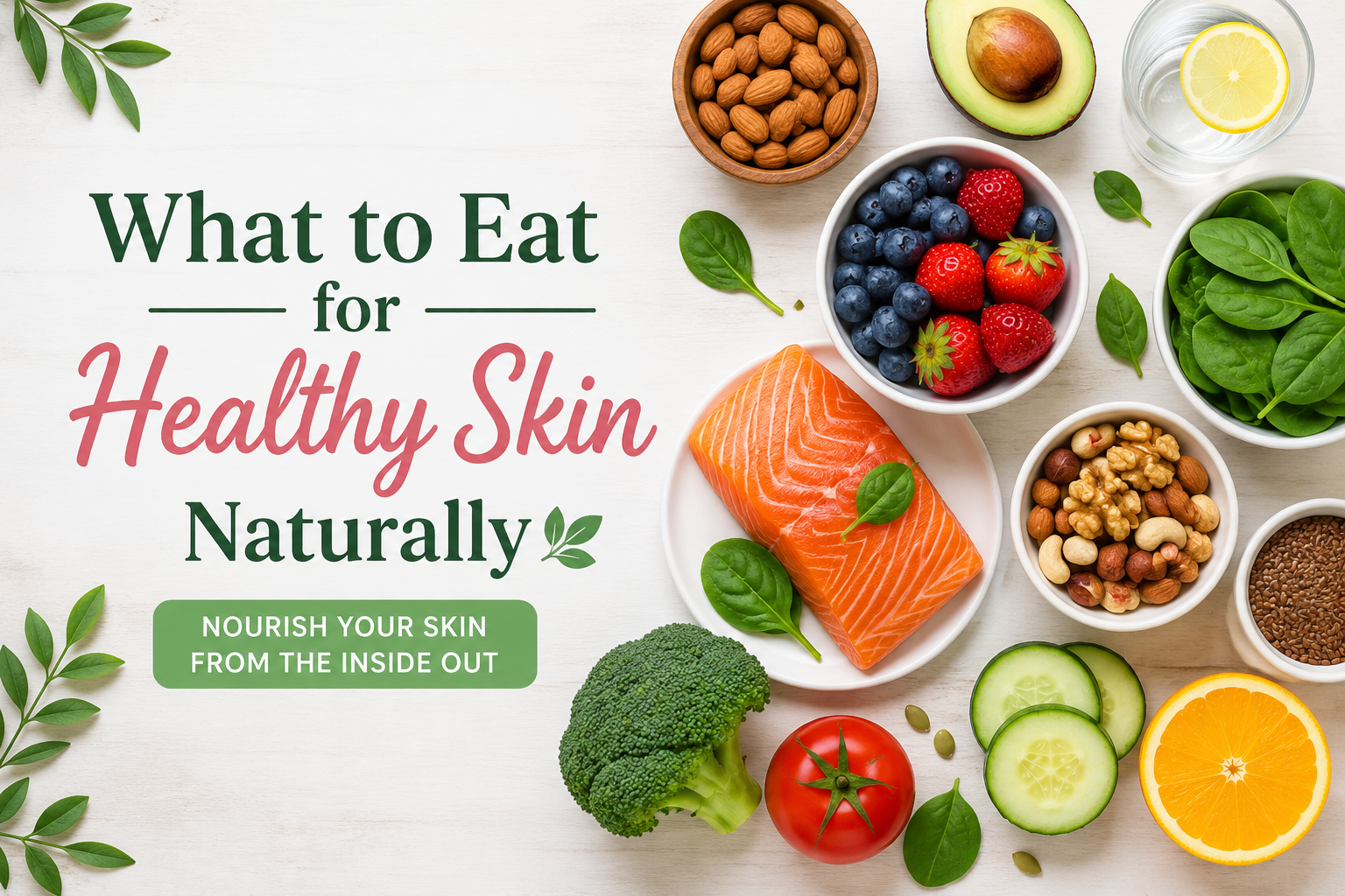 Healthy foods like salmon, avocado, berries, nuts, and spinach for naturally glowing skin