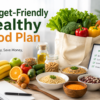 Budget-Friendly Healthy Food Plan with fresh vegetables, fruits, grains, and affordable healthy meal ingredients