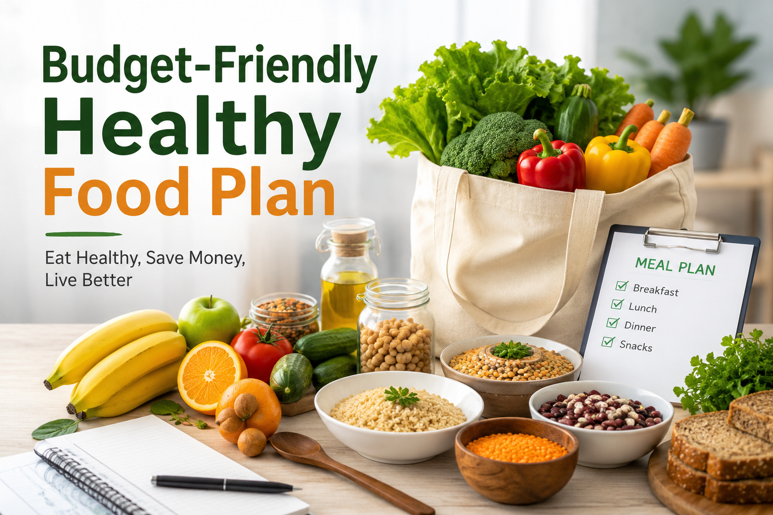 Budget-Friendly Healthy Food Plan with fresh vegetables, fruits, grains, and affordable healthy meal ingredients