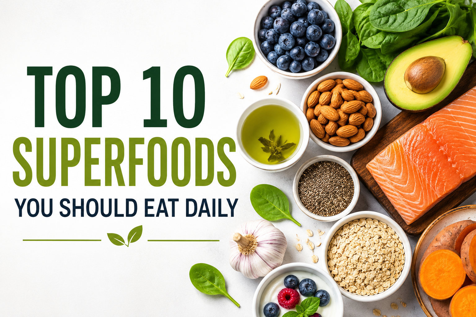 Top 10 superfoods including salmon, avocado, blueberries, spinach, oats, nuts, and green tea arranged on a healthy food background
