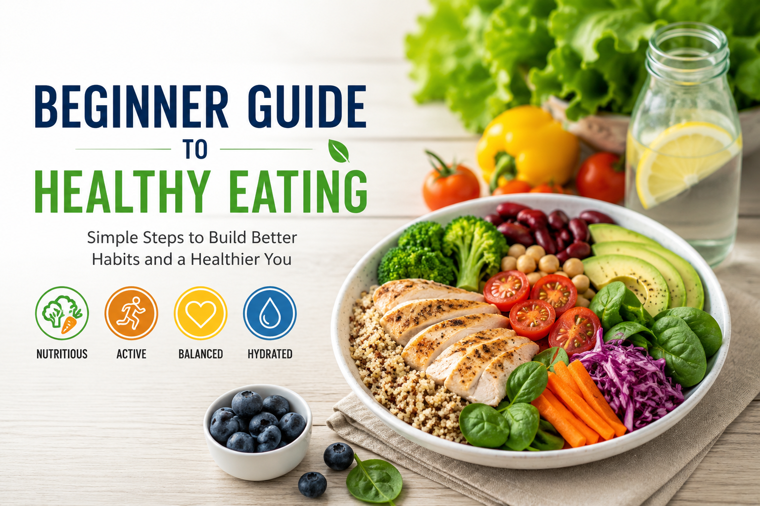 Beginner guide to healthy eating with fresh vegetables, grilled chicken salad, fruits, and healthy lifestyle icons