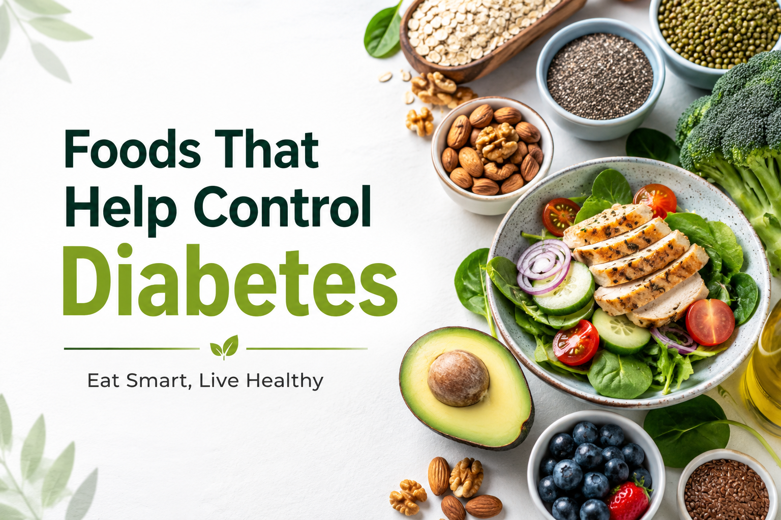 Healthy foods that help control diabetes including salad, avocado, nuts, berries, seeds, and leafy vegetables on a clean background