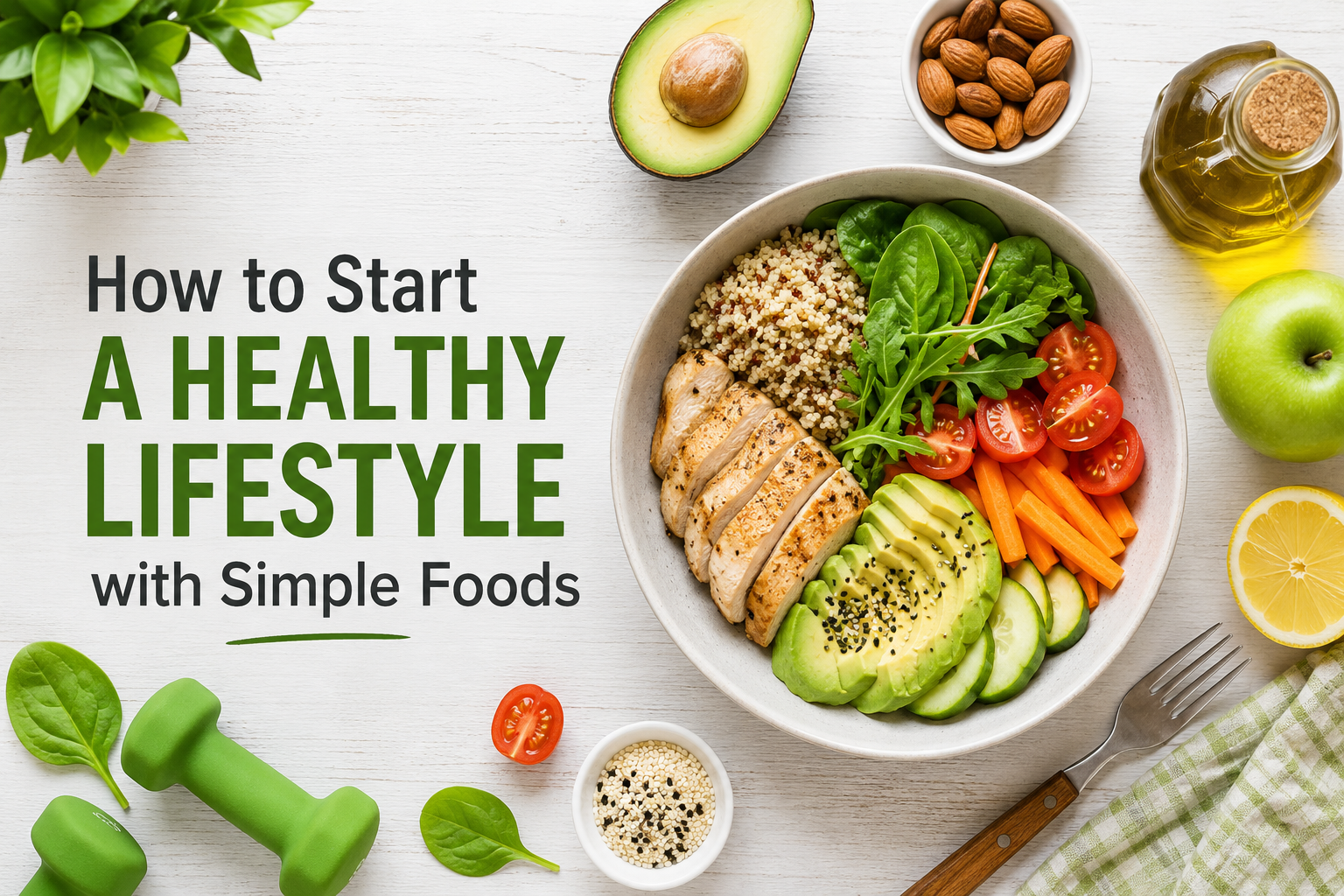 Healthy lifestyle feature image with simple foods including avocado, vegetables, chicken, quinoa, nuts, and healthy meal ingredients on a white table