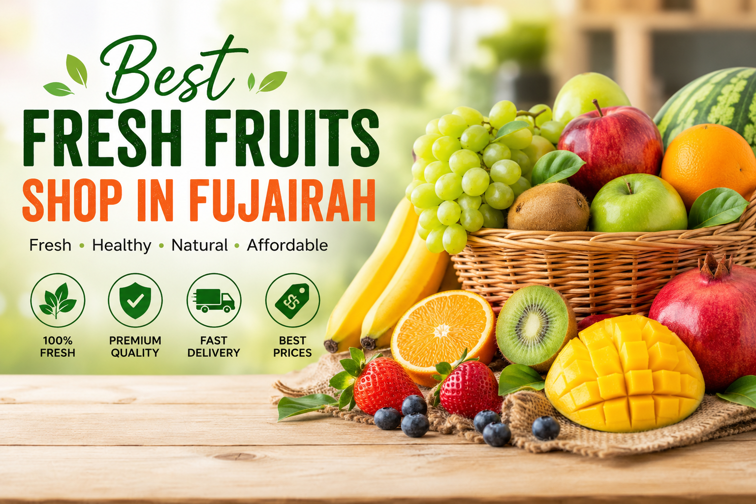 Fresh fruits basket with apples, grapes, oranges, bananas, and mangoes promoting the best fresh fruits shop in Fujairah UAE