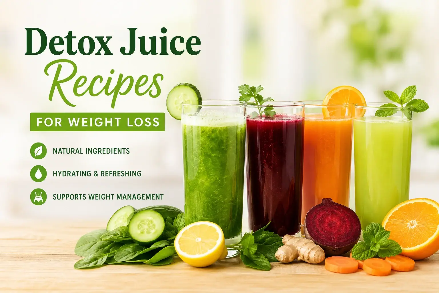 Fresh detox juice recipes with cucumber, beetroot, carrot, lemon, and green vegetables for healthy weight loss