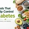 Healthy foods that help control diabetes including salad, avocado, nuts, berries, seeds, and leafy vegetables on a clean background