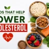 Healthy foods that help lower cholesterol naturally including salmon, oats, avocado, nuts, berries, olive oil, and spinach