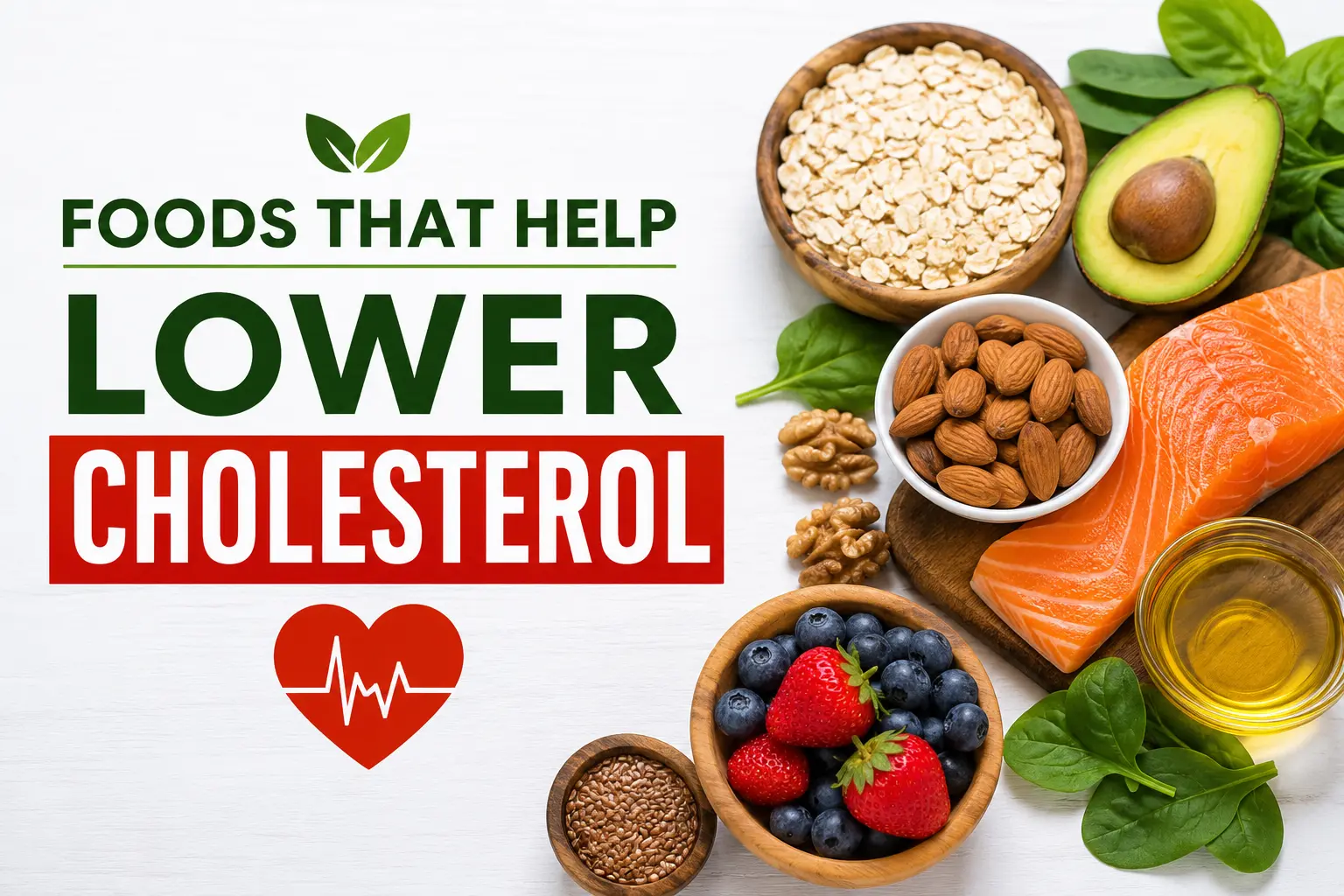 Healthy foods that help lower cholesterol naturally including salmon, oats, avocado, nuts, berries, olive oil, and spinach