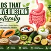 Foods that improve digestion naturally including yogurt, bananas, papaya, oats, chia seeds, avocado, ginger, leafy greens, and fermented foods for better gut health.