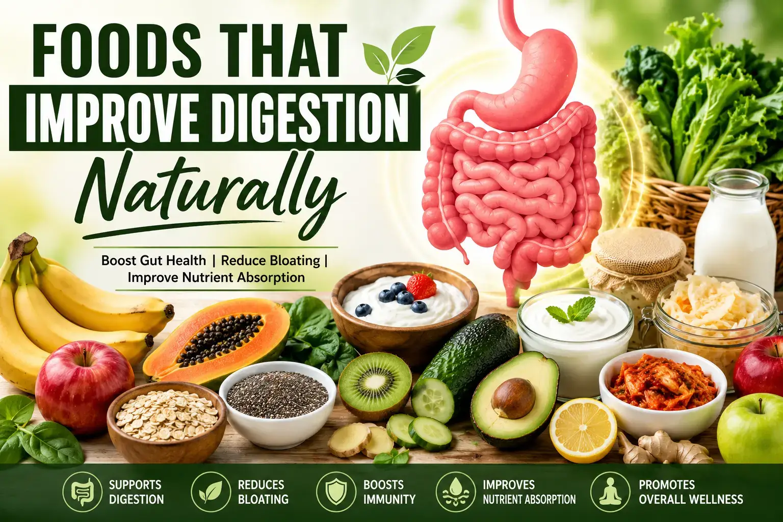 Foods that improve digestion naturally including yogurt, bananas, papaya, oats, chia seeds, avocado, ginger, leafy greens, and fermented foods for better gut health.
