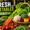 Fresh vegetables locally sourced from a market including tomatoes, carrots, broccoli, and leafy greens