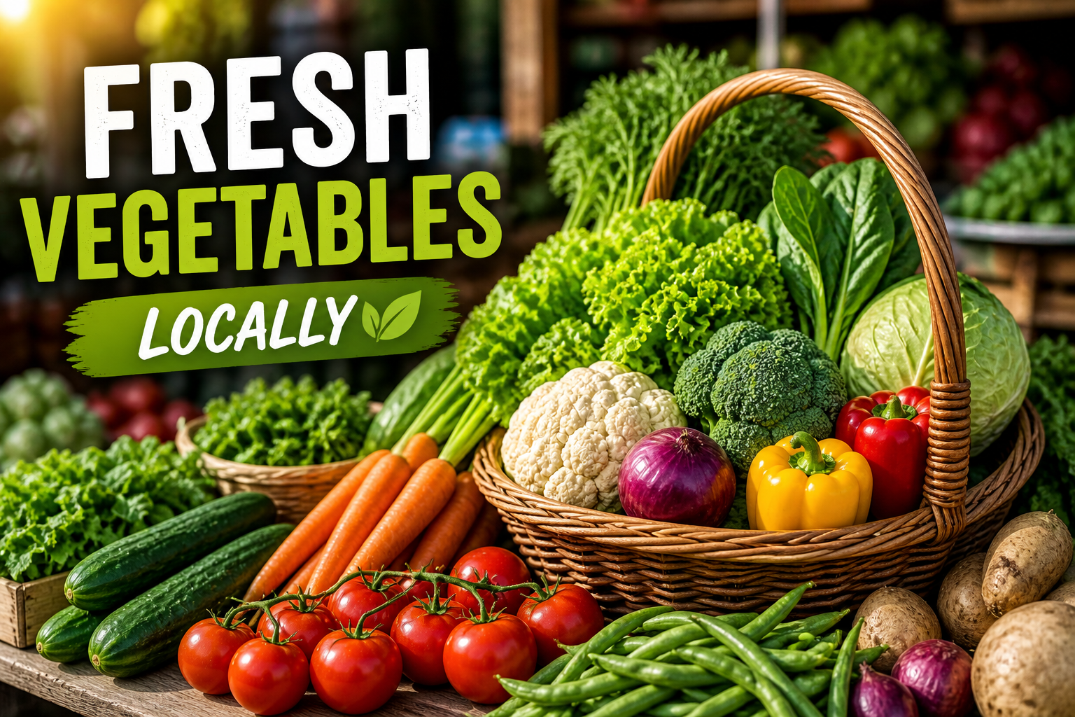 Fresh vegetables locally sourced from a market including tomatoes, carrots, broccoli, and leafy greens