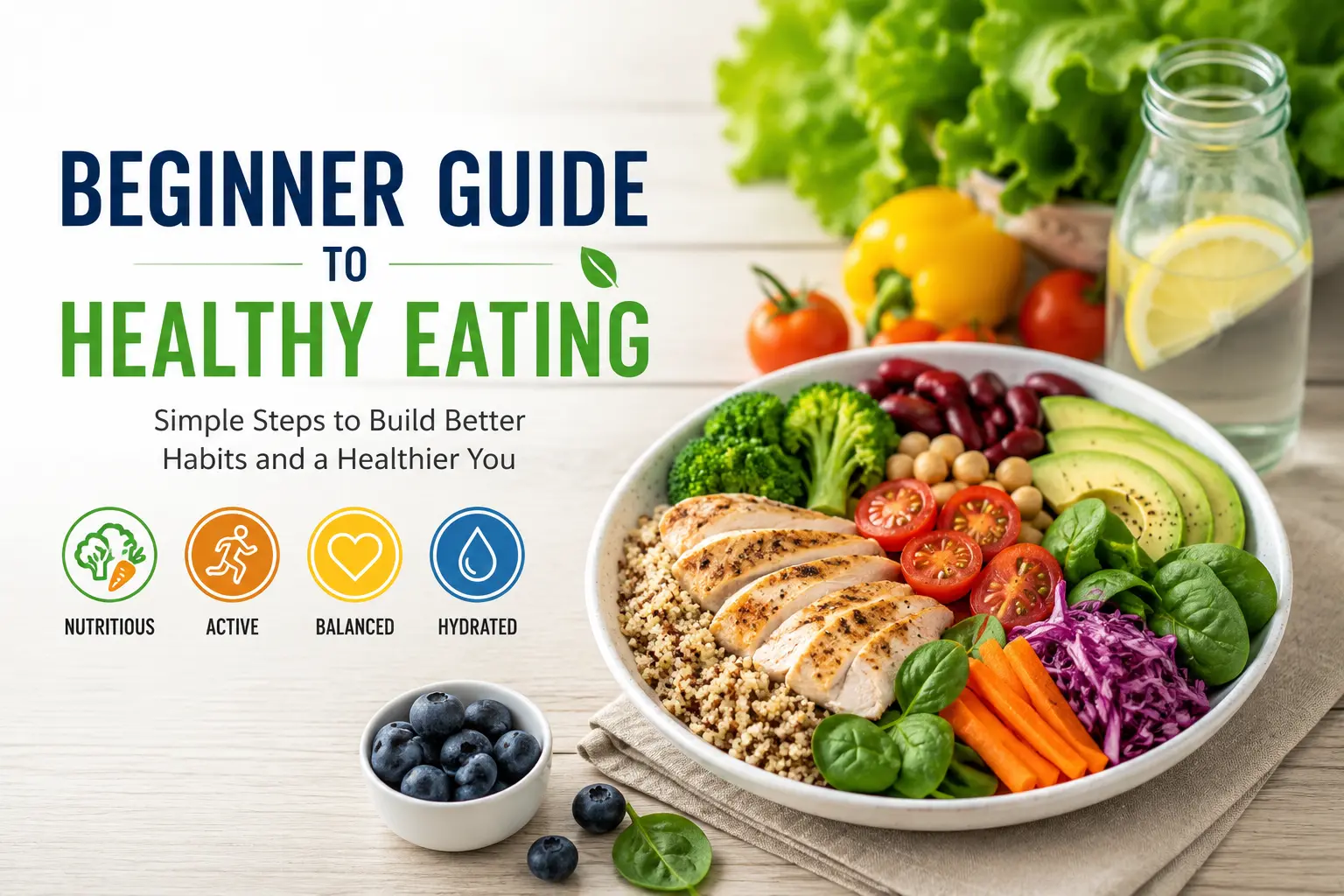 Beginner guide to healthy eating with fresh vegetables, grilled chicken salad, fruits, and healthy lifestyle icons