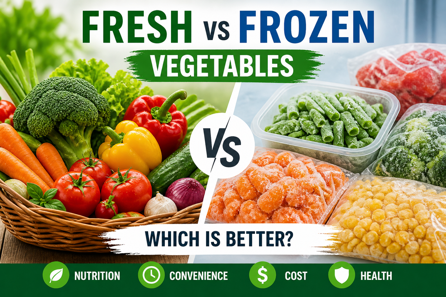 Fresh vs frozen vegetables comparison showing nutrition, cost and health benefits