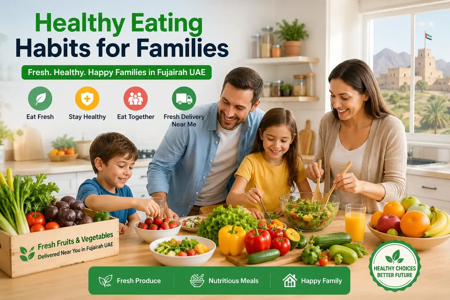 Healthy family eating fresh fruits and vegetables together in Fujairah UAE kitchen