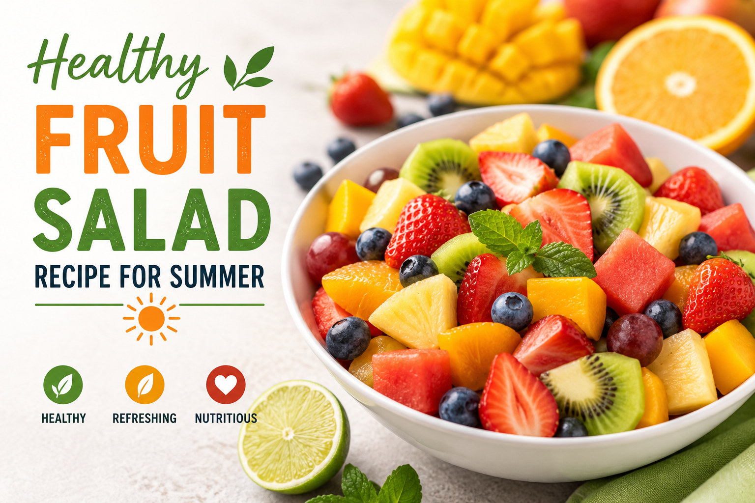 Healthy fruit salad recipe for summer with fresh watermelon, strawberries, kiwi, mango, blueberries, and pineapple in a bowl