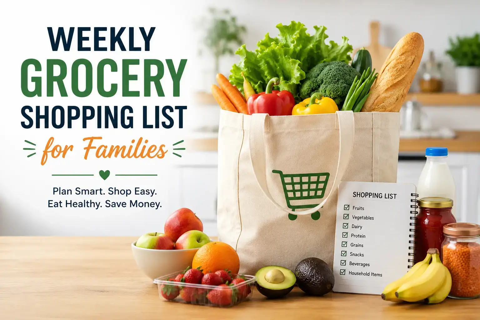 Weekly grocery shopping list for families with fresh fruits vegetables and healthy food items
