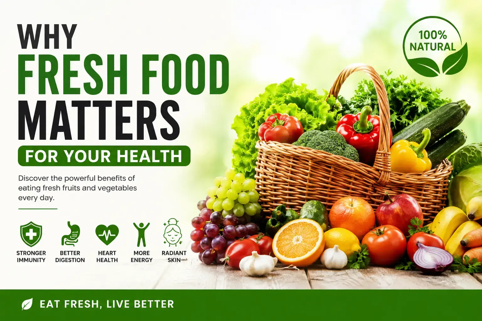 Basket of fresh fruits and vegetables with the text “Why Fresh Food Matters for Your Health” promoting healthy eating and nutrition.