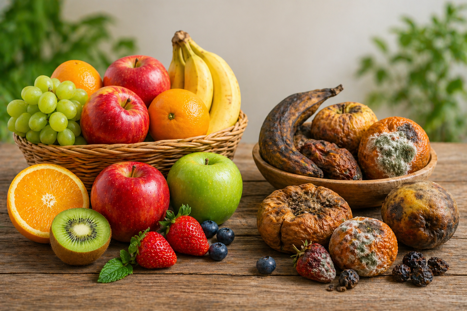 fresh vs bad fruits comparison showing healthy and spoiled fruits before buying